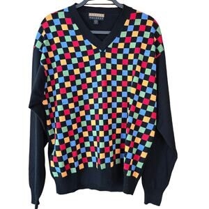Vintage Robert Talbot Mens Diamond V-Neck Colorful y2k Sweater Merino Wool M